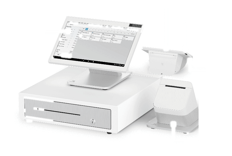 Full POS System with 14 inch merchant monitor, cash drawer, contactless reader, credit card reader, and receipt printer