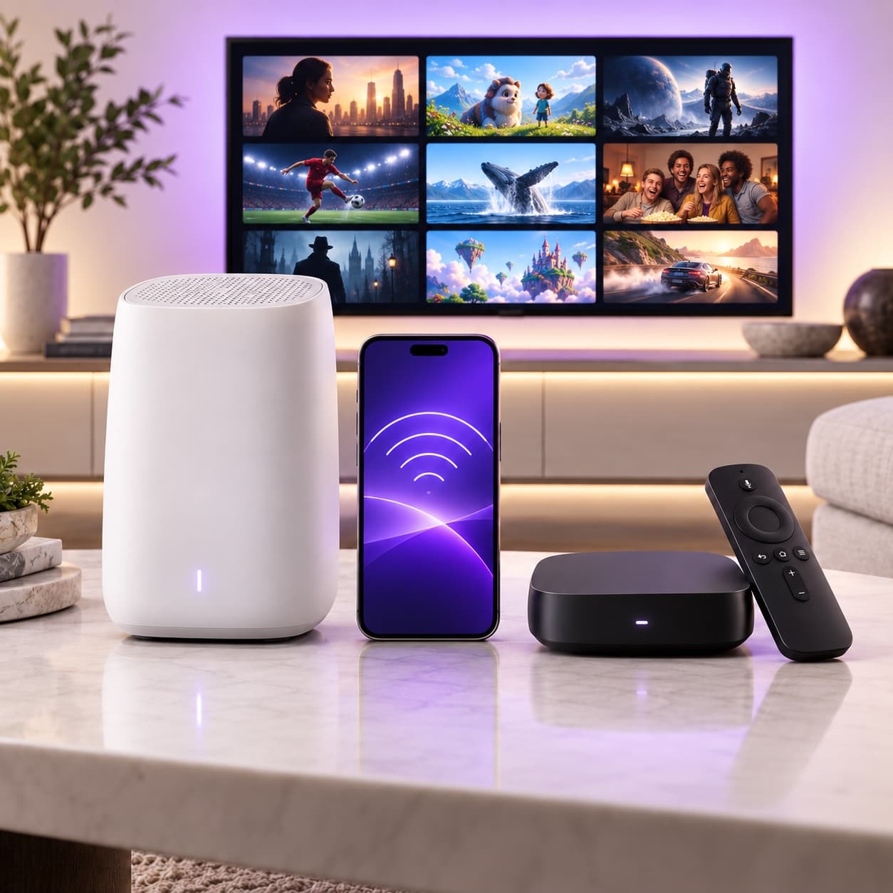 Xfinity Residential: home gateway, mobile phone, streaming box, remote, and TV with entertainment tiles