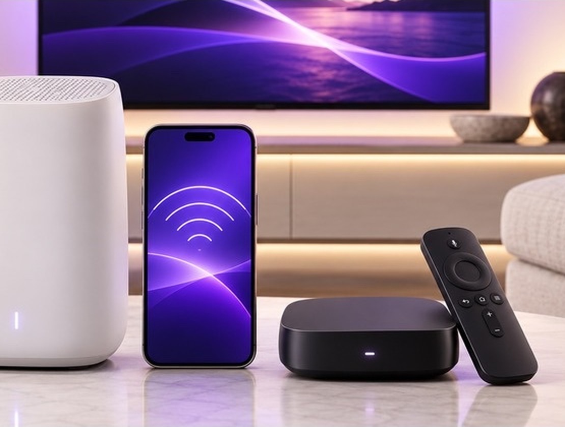 Xfinity Residential: home gateway, mobile phone, streaming box, remote, and TV with purple display
